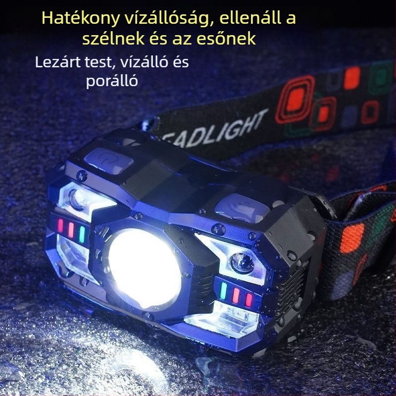 Fejlámpa ABS, LED 10W, 1200mAh, újratölthető, hatótávolság 200–500m