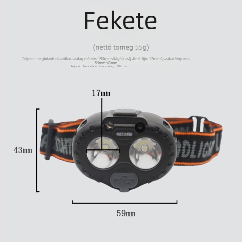 LED fejlámpa, újratölthető, vízálló, 100 m hatótávolság, 3–6 órás üzemidő, tömeg 55 g