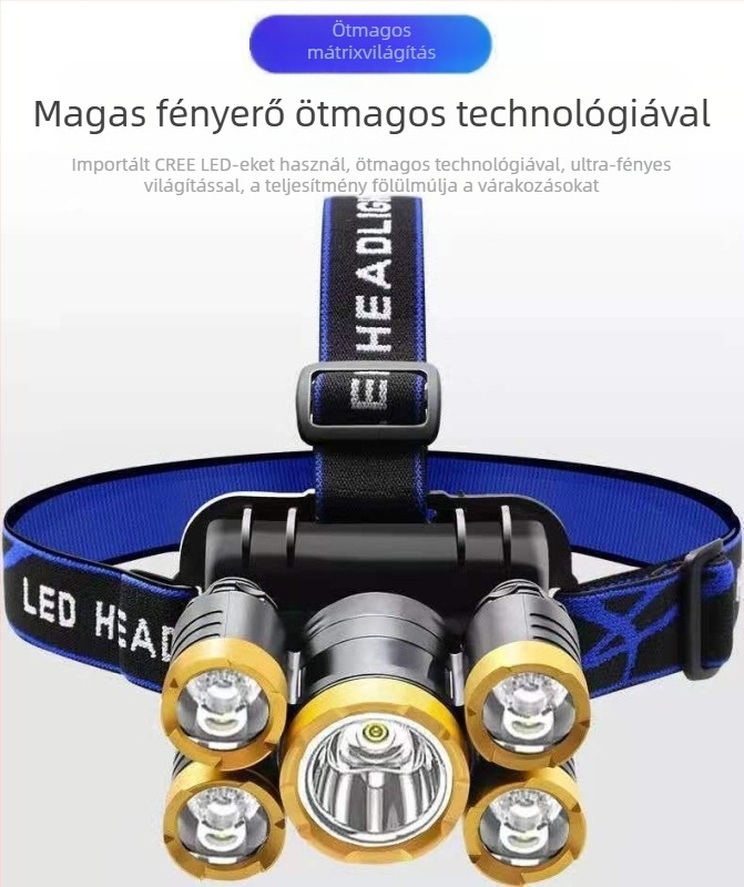 Ötfejű fejlámpa, ultra‑fényes LED-del, újratölthető, kéznyomásos működés, 3W, hatótávolság 50 m-ig