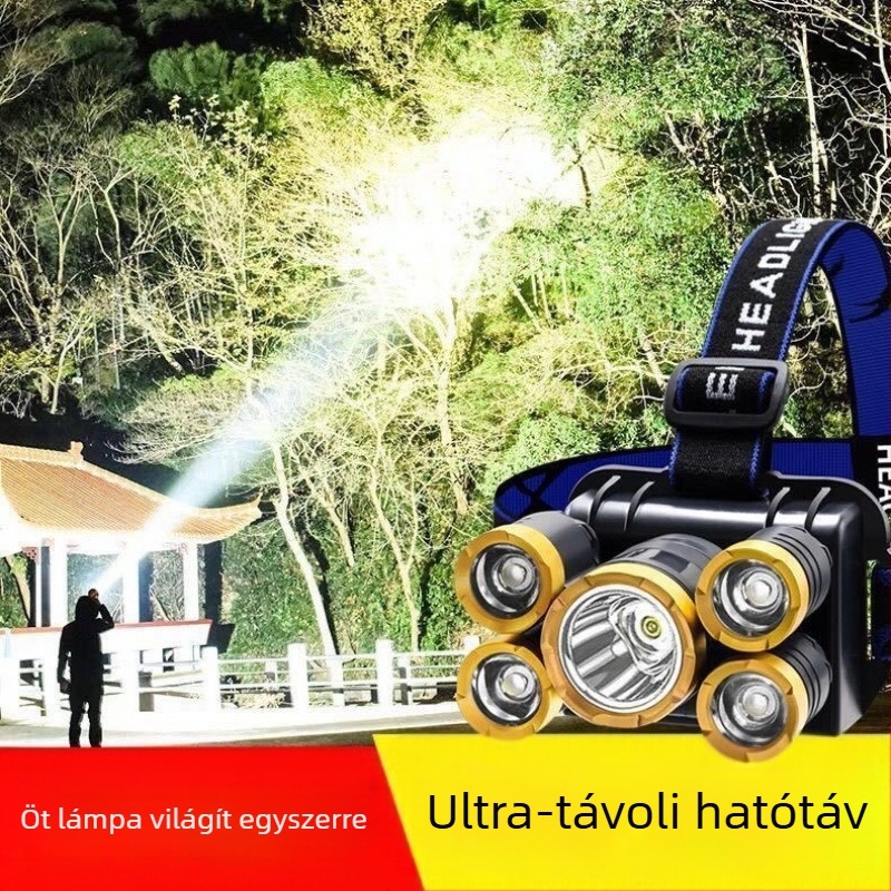 Ötfejű fejlámpa, ultra‑fényes LED-del, újratölthető, kéznyomásos működés, 3W, hatótávolság 50 m-ig