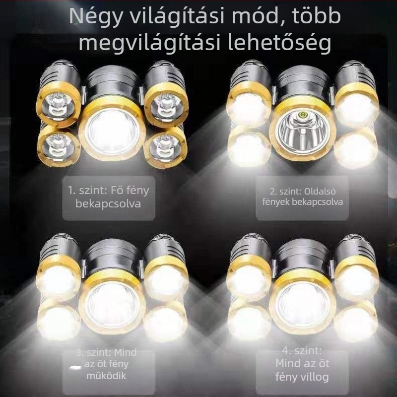 Ötfejű fejlámpa, ultra‑fényes LED-del, újratölthető, kéznyomásos működés, 3W, hatótávolság 50 m-ig