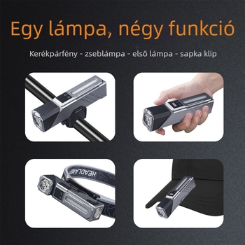 Fejre szerelhető LED-es fejlámpa, újratölthető, többirányú állítható fej, ABS test, 100–200 m hatótáv