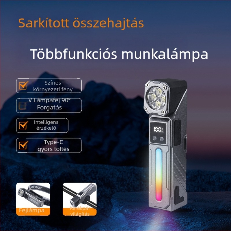 Fejre szerelhető LED-es fejlámpa, újratölthető, többirányú állítható fej, ABS test, 100–200 m hatótáv