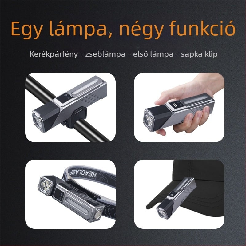 Fejre szerelhető LED-es fejlámpa, újratölthető, többirányú állítható fej, ABS test, 100–200 m hatótáv