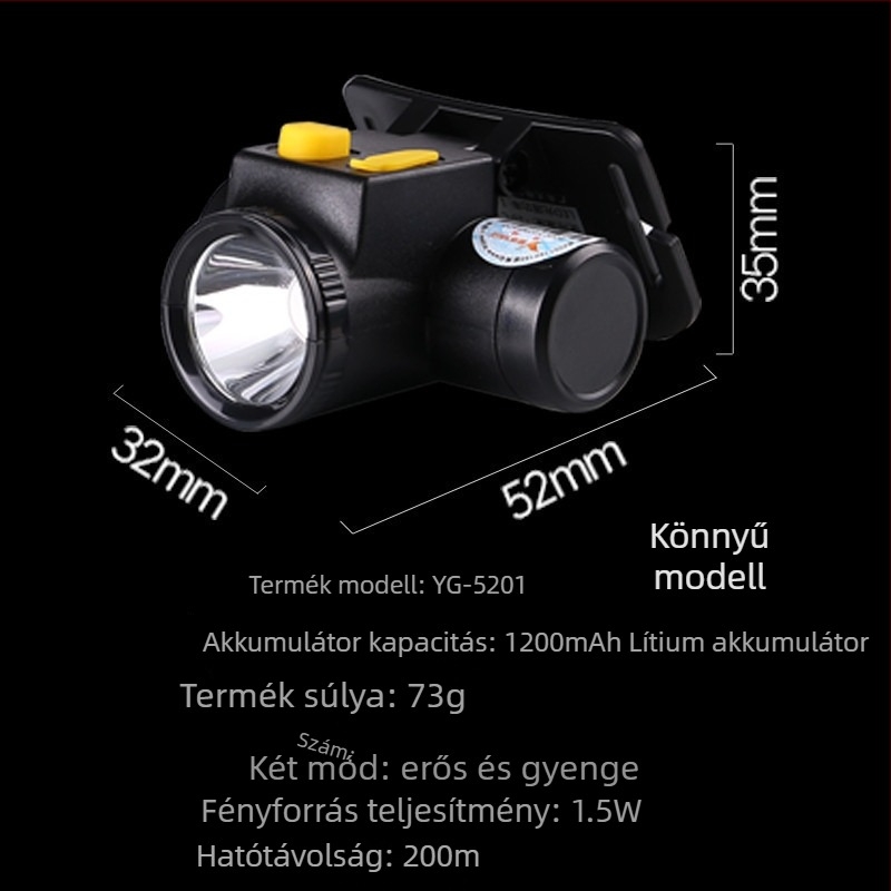 Yager LED fejlámpa 1200 mAh újratölthető akkumulátorral, 1,5 W LED-del, 100–200 m-es hatótávolság, töltő mellékelve, ideális túrázáshoz, kempingezéshez, éjszakai horgászathoz, kereséshez és járőrözéshez