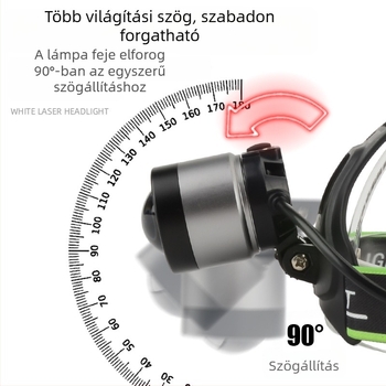 Lazeres fejlámpa, 10W, 1200mAh újratölthető akkumulátor, alumíniumötvözet test, hatótávolság ≥500m