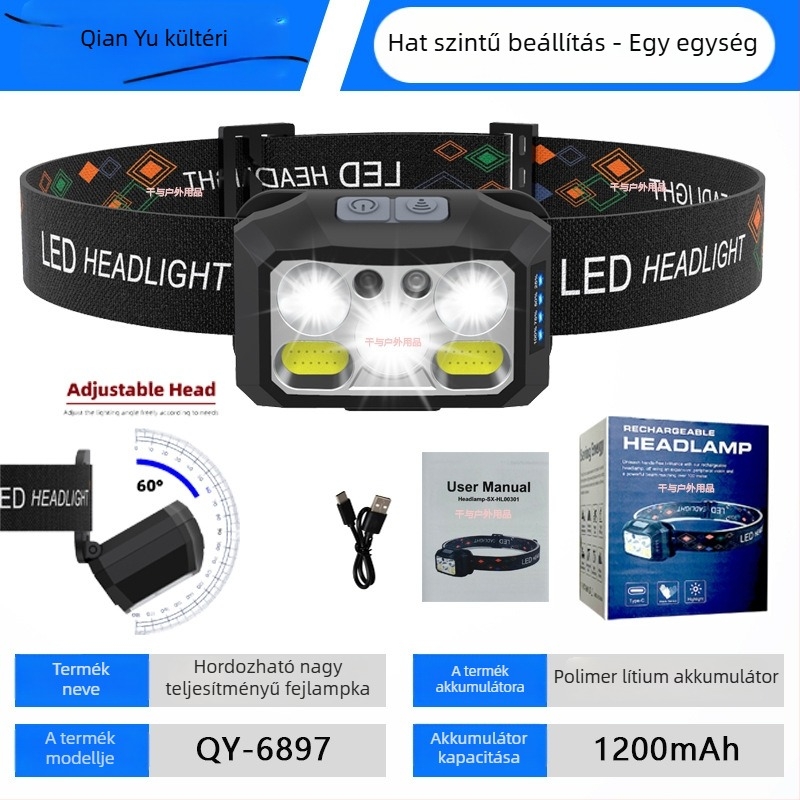 LED fejlámpa, újratölthető, 5W, 1200mAh, hatótáv 200–500 m