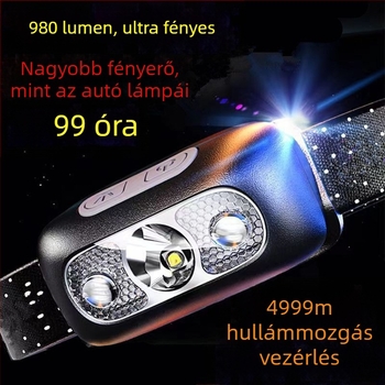 Fejlámpa COB LED-del, alumínium ház, kézzel működtetett kinetikus energia, 500 m-es hatótáv, kompakt éjszakai horgász lámpa