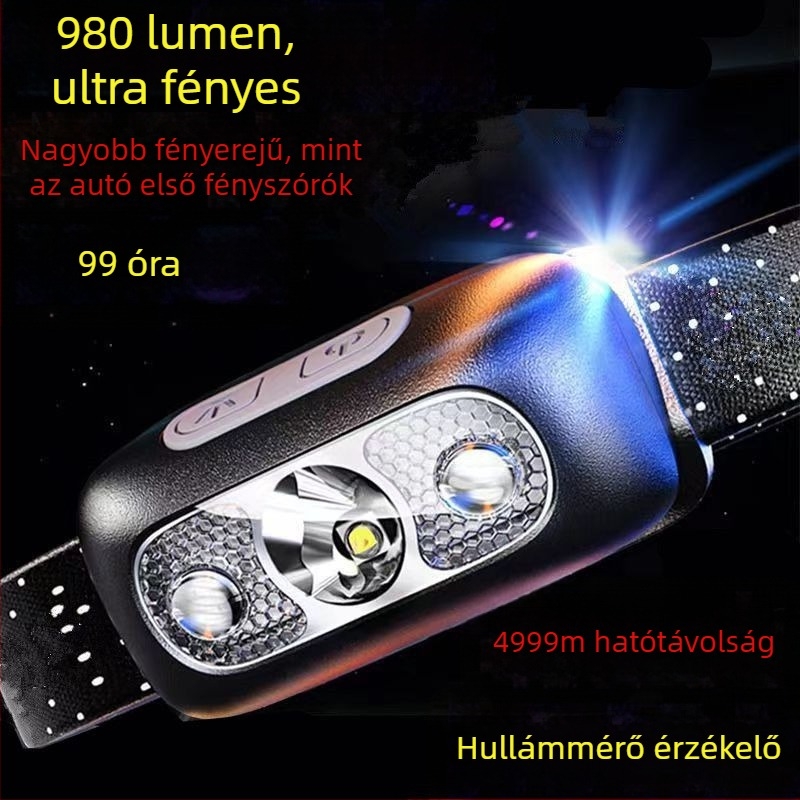 Fejlámpa COB LED-del, alumínium ház, kézzel működtetett kinetikus energia, 500 m-es hatótáv, kompakt éjszakai horgász lámpa