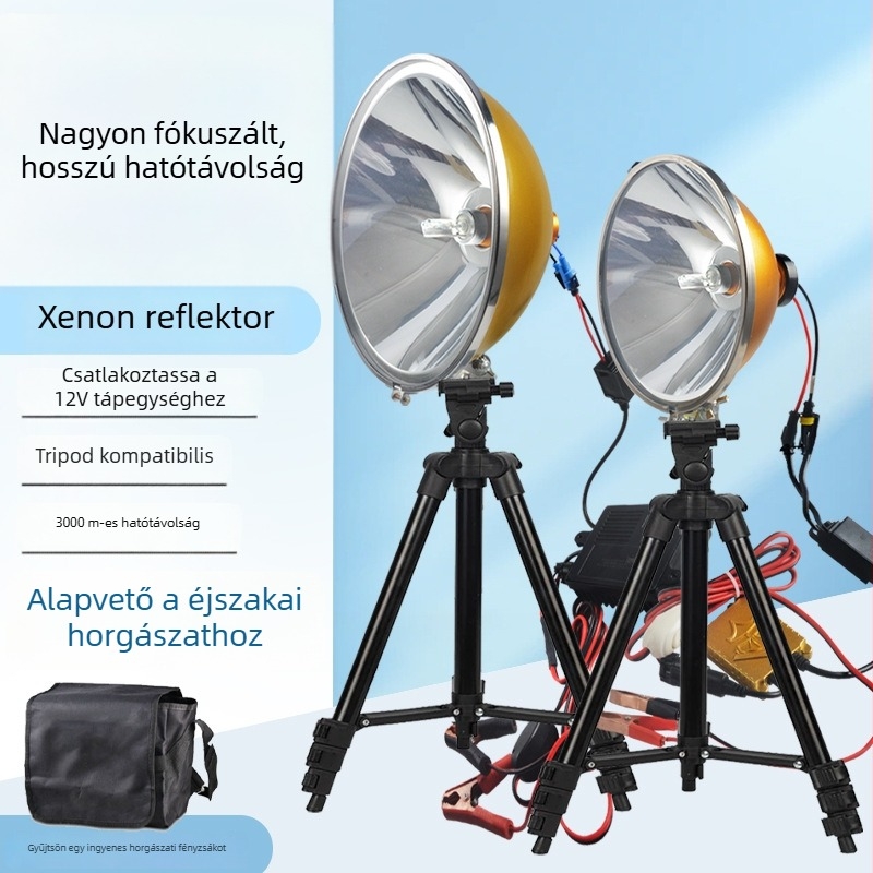 Éjszakai horgászathoz fejlámpa: 1000W Xenon lámpa, 12V külső tápegység, 3000 m fénysugár, vízálló, súly 2224 g