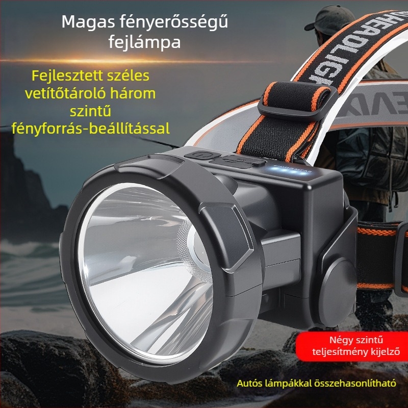 Tölthető LED fejlámpa, vízálló, 10W, 800–1600 mAh akkumulátor, fejre rögzíthető, fénycsóva 100–200 m