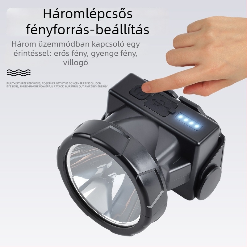 Tölthető LED fejlámpa, vízálló, 10W, 800–1600 mAh akkumulátor, fejre rögzíthető, fénycsóva 100–200 m