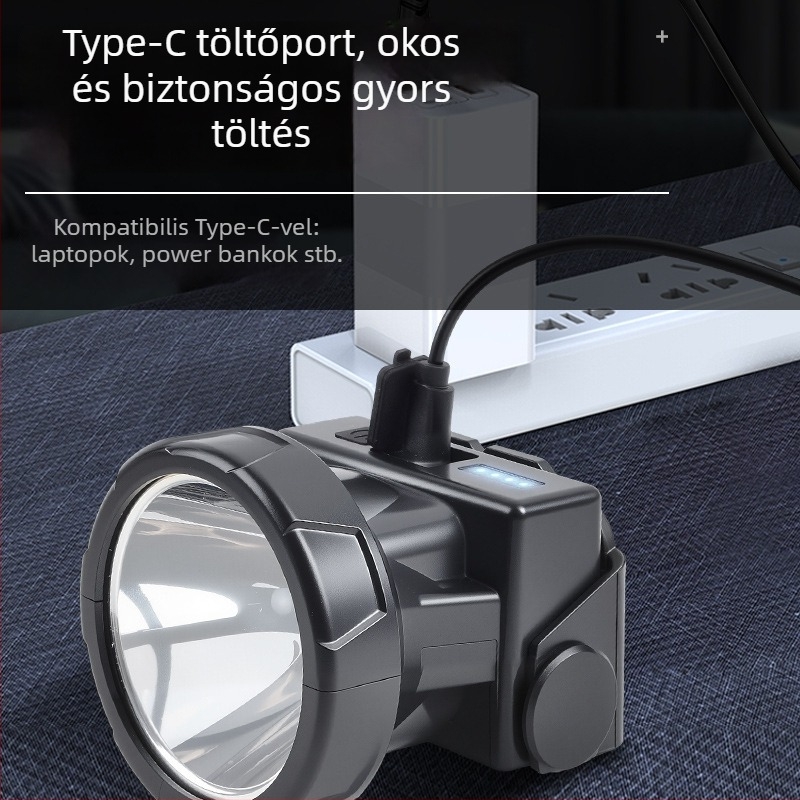 Tölthető LED fejlámpa, vízálló, 10W, 800–1600 mAh akkumulátor, fejre rögzíthető, fénycsóva 100–200 m