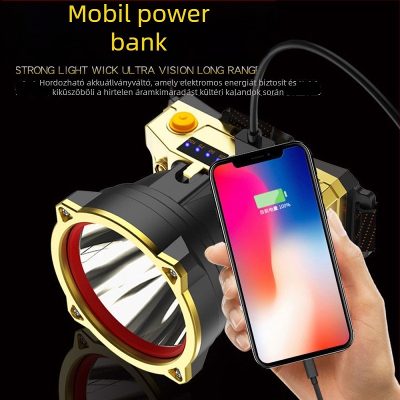 Fejlámpa LED 10W, Li-ion akkumulátor 1500mAh, újratölthető, 100–200 m fénysugár, kéz nélküli kültéri világítás