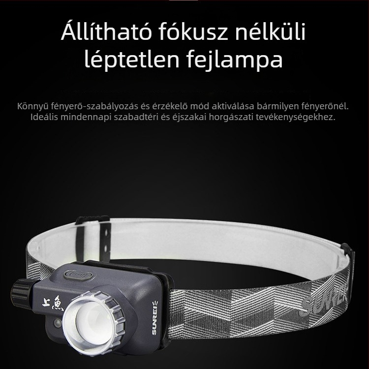 Éjszakai horgász fejlámpa, újratölthető LED, állítható fókusz, fokozatmentes fényerő-szabályozás, fejre rögzítve, 200 m fénysugár, 90 óra üzemidő