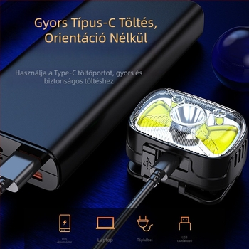 LED fejlámpa kempingezéshez – 10W, 1200 mAh akkumulátor, Type-C töltés, hatótávolság 100–200 m