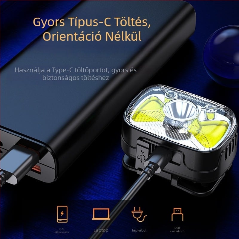 LED fejlámpa kempingezéshez – 10W, 1200 mAh akkumulátor, Type-C töltés, hatótávolság 100–200 m