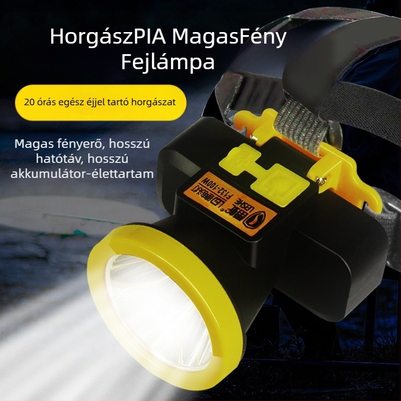 Horgász fejlámpa, újratölthető, 200 m fénysugár, 18 órás üzemidő, vízálló