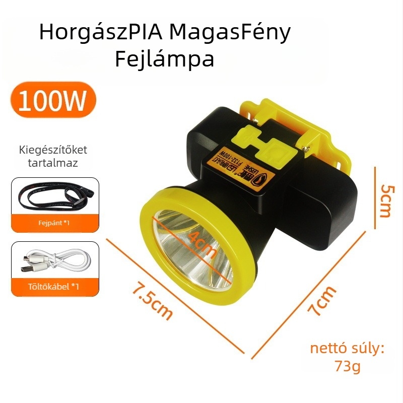 Horgász fejlámpa, újratölthető, 200 m fénysugár, 18 órás üzemidő, vízálló
