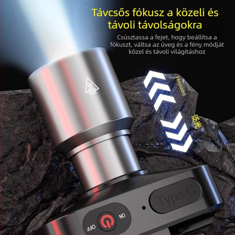 LED-es fejlámpa, újratölthető, vízálló, fénycsóva távolsága 200 m, üzemidő 5 óra