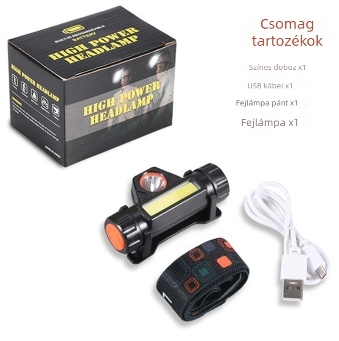 Fejlámpa COB LED-del - mini, újratölthető, vízálló, 10W, 50-100 m hatótávolság