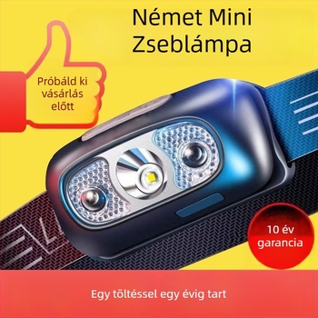Fejlámpa, fejre szerelve, újratölthető 14500-es akkumulátorral, vízálló