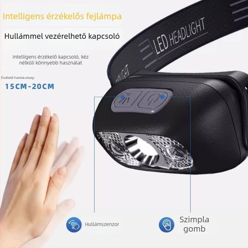Fejlámpa, fejre szerelve, újratölthető 14500-es akkumulátorral, vízálló