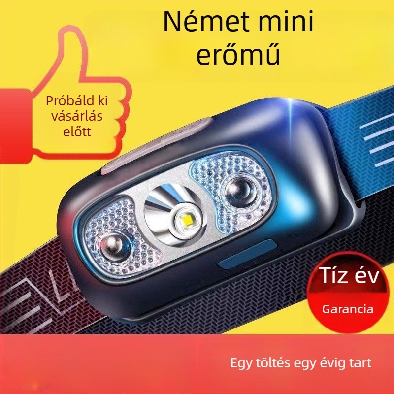 Fejlámpa, fejre szerelve, újratölthető 14500-es akkumulátorral, vízálló