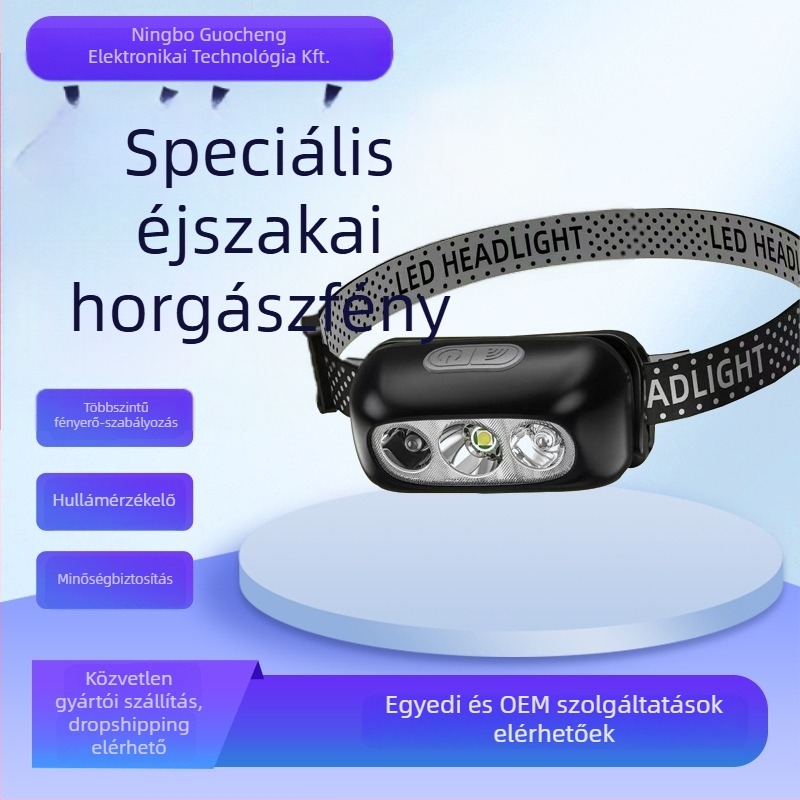 LED fejlámpa horgászathoz, újratölthető, LED világítás, körülbelül 40 g, légáteresztő elasztikus fejpánt