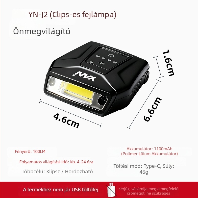 Sapkára rögzíthető LED-lámpa éjszakai horgászathoz, COB LED, 1100 mAh akkumulátor, újratölthető, sapkára illeszthető, hatótávolság 50 m-ig