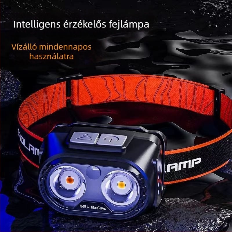 Fejlámpa Ultra‑fényes LED-del, újratölthető, három fényforrás, 5W, 800–1200 mAh