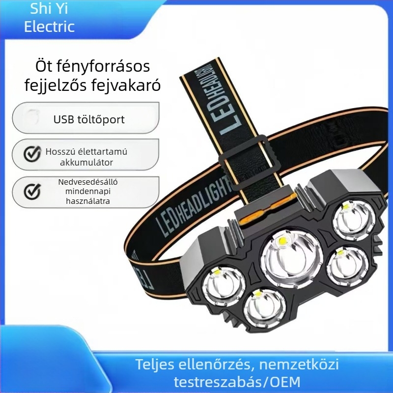 5-LED fejlámpa kültéri használatra, újratölthető, vízálló, 100–200 m megvilágítási távolság, modell T21s