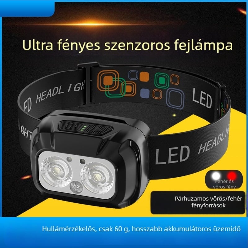 Fejlámpa 2000 mAh Li-ion akkumulátorral, 6W LED, kültéri használatra, éjszakai horgászathoz, max hatótávolság 50–100 m