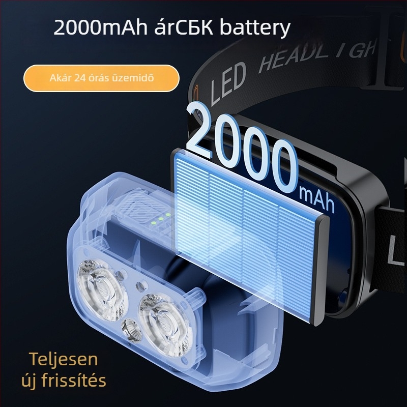 Fejlámpa 2000 mAh Li-ion akkumulátorral, 6W LED, kültéri használatra, éjszakai horgászathoz, max hatótávolság 50–100 m
