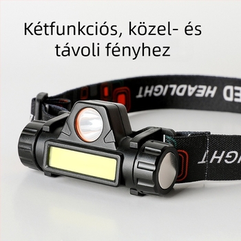LED-es fejlámpa, 3000mAh akkumulátor, kézi tekerő-üzem, újra tölthető, hatótáv 100–200 m