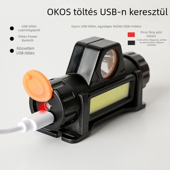LED-es fejlámpa, 3000mAh akkumulátor, kézi tekerő-üzem, újra tölthető, hatótáv 100–200 m