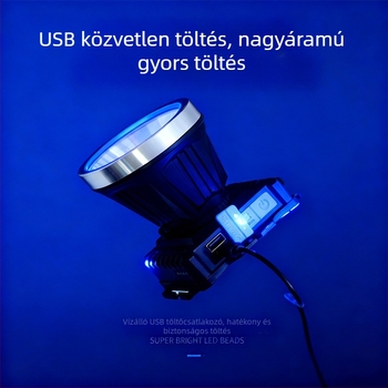 LED fejlámpa, 2400 mAh akkumulátor, 360° forgás, vízálló, fényhatótáv 100–200 m
