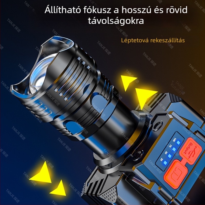 USB-C töltésű, újratölthető LED fejlámpa, 10W, vízálló, 360° forgás, éjszakai horgászatra és kültéri használatra