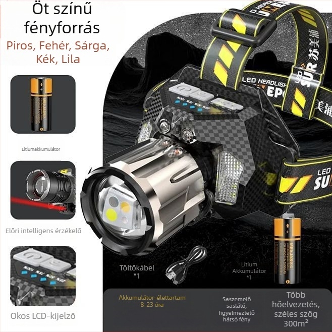 LED fejlámpa, újratölthető, ultra‑fényes, hosszú távú látótávolság, szenzor, 16 órás üzemidő