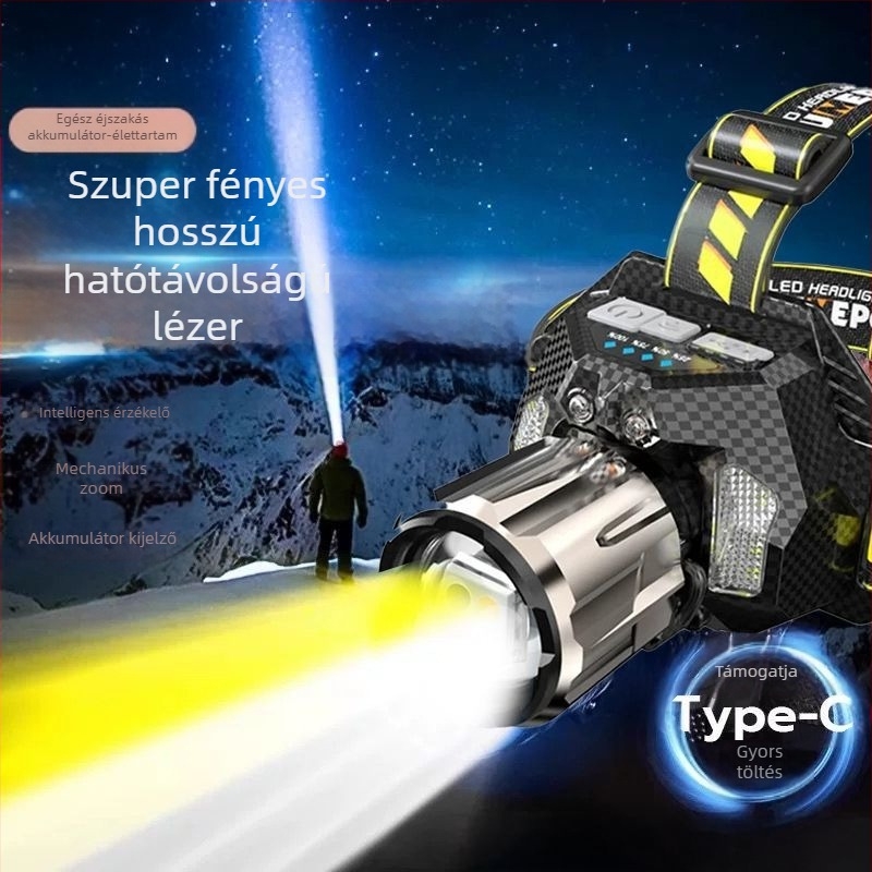 LED fejlámpa, újratölthető, ultra‑fényes, hosszú távú látótávolság, szenzor, 16 órás üzemidő