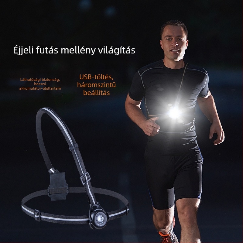 Külső mellvilágítás futáshoz és hegymászáshoz: 2-szintű állítás, USB töltés, LED fény, 360° forgás, kézi nyomásos energiaellátás