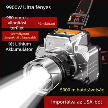 LED fejfény, 10W LED, újratölthető, vízálló, hatótáv 100–200 m