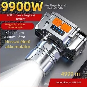 LED fejfény, 10W LED, újratölthető, vízálló, hatótáv 100–200 m