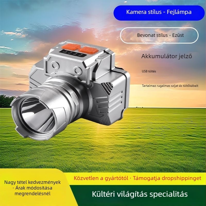 LED fejfény, 10W LED, újratölthető, vízálló, hatótáv 100–200 m