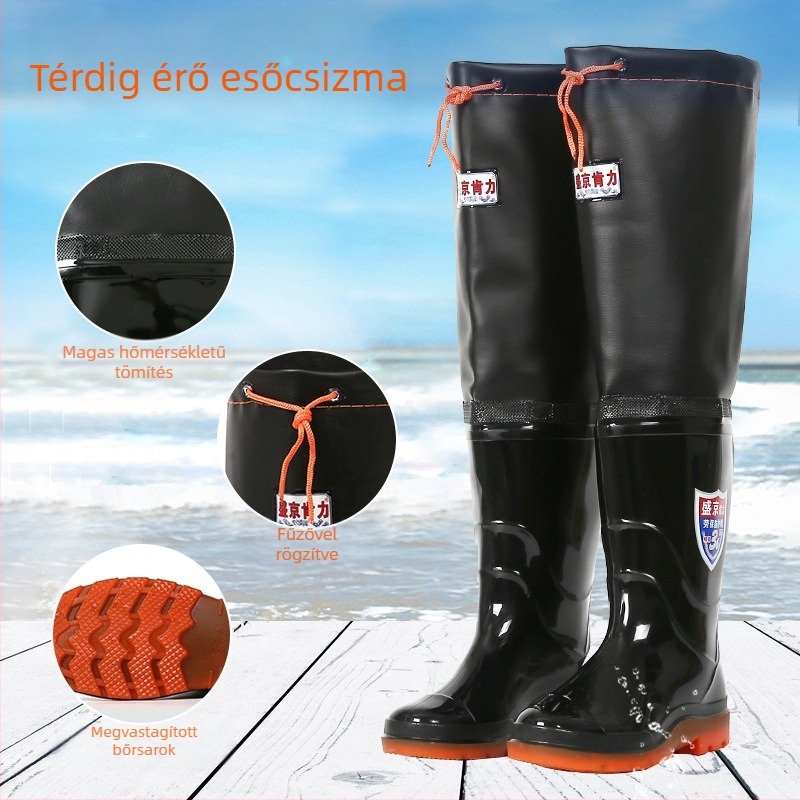Térd fölötti esőcsizmák horgászathoz – műanyag felsőrész, talp marha-inakból, csúszásálló, kopásálló