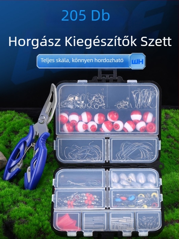 Wei and 265 darabos horgász kellékek készlet, fogóval, távolsági gyöngyökkel, ólomsúlyokkal, úszókkal és csalikkal (ABS műanyag)