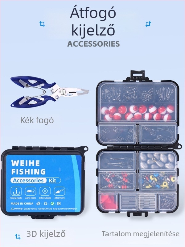 Wei and 265 darabos horgász kellékek készlet, fogóval, távolsági gyöngyökkel, ólomsúlyokkal, úszókkal és csalikkal (ABS műanyag)