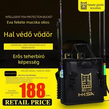 Intelligens horgászvödör beépített bottartóval és vastagabb halsvédővel (Black Pit Ashore márka, beépített bot, vastag halsvédő, multifunkcionális)