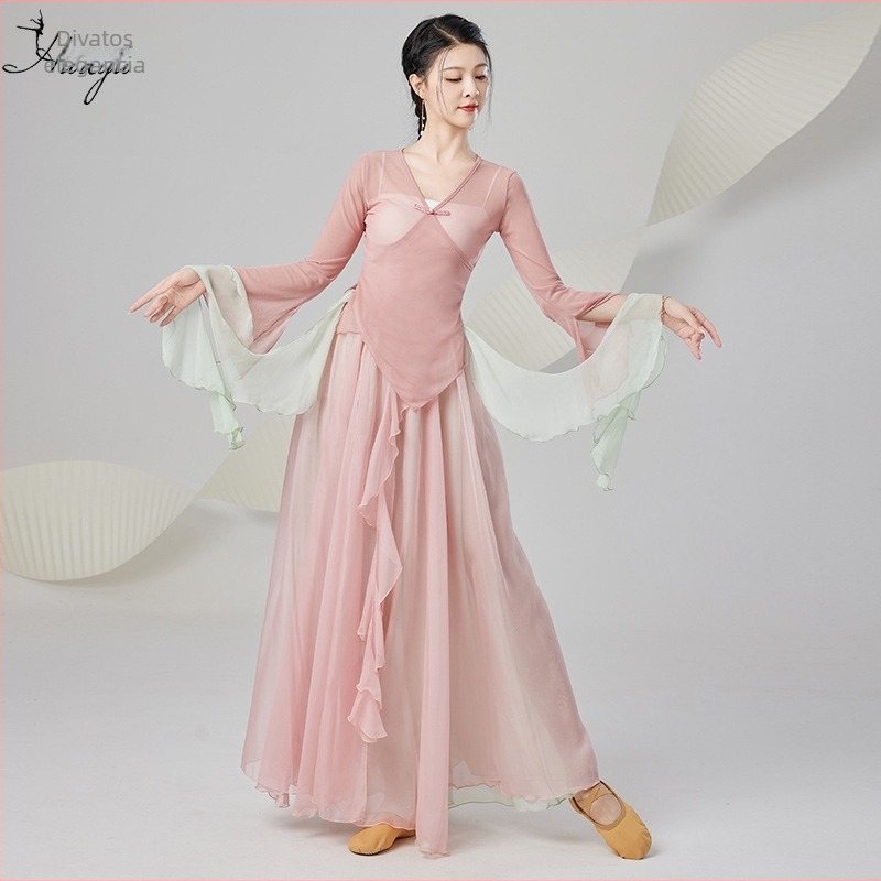 Női klasszikus kínai táncruha szett – mesh + tencel anyag, Spandex 50–70%, Belly Dance előadás, 2025 tavasz megjelenés