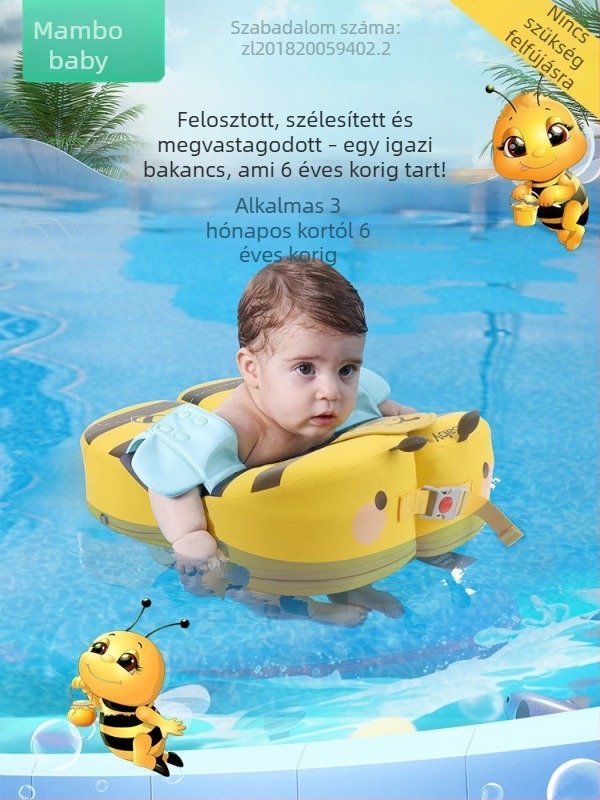 Nem felfújható hónalji úszógumi gyerekeknek, osztott kialakítású, állítható, rajzolt méhecske mintával, 3 hónaptól 6 éves korig